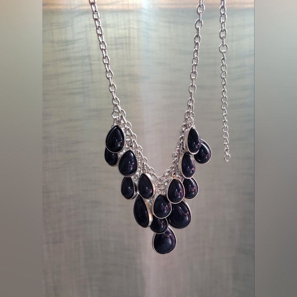 Bib necklace, navy droplets
